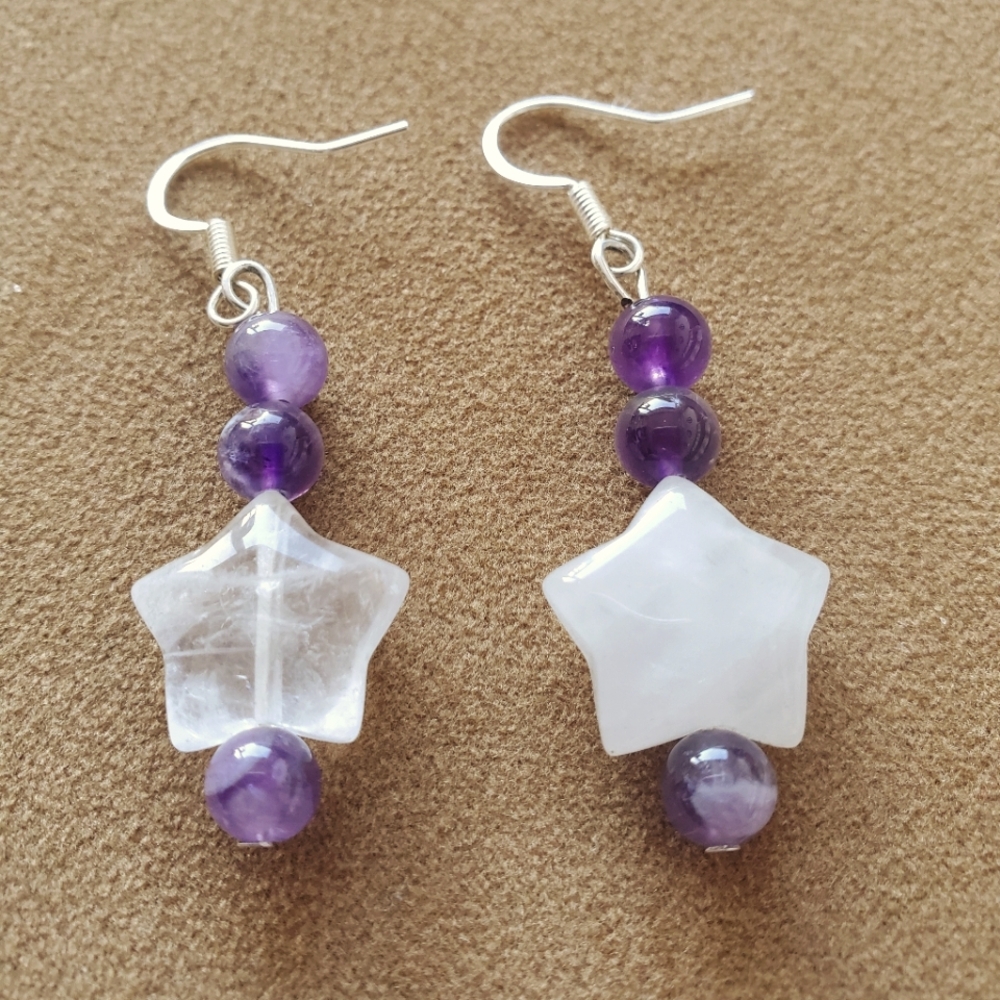 💜NATURAL QUARTZ- Gorgeous Stars & Amethyst Earrings Silver Hook Backs Like NEW